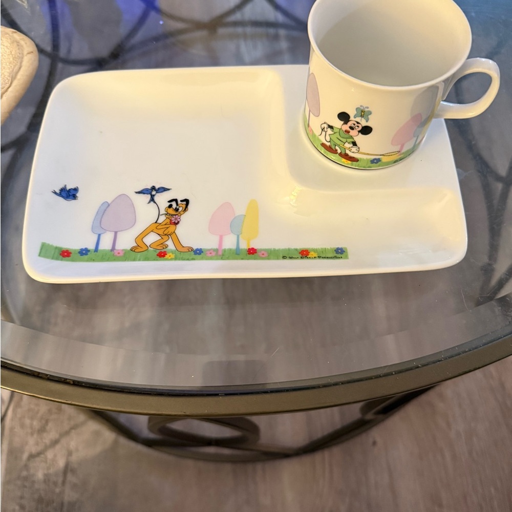 Vintage Walt Disney Productions Pluto Porcelain Luncheon Snack Plate & Mug Set